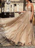 Plunging Sparkle Backless Gold Long Prom Evening Dress