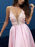 Appliques Satin Pink V-neck Split Prom Party Dress