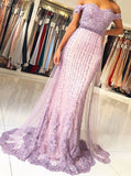 Beading Mermaid Off Shoulder Lavender Prom Dress