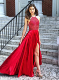Sexy Halter Split Red Beading Prom Evening Dress