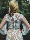 Beading Long Sleeves V-neck White Lace Prom Evening Dress