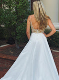 V-neck White Beading Top Backless Prom Evening Dress