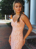 Beading Pink Lace Backless Mermaid V-neck Prom Dress
