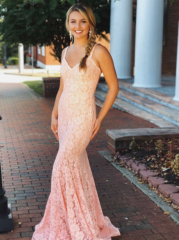 Beading Pink Lace Backless Mermaid V-neck Prom Dress