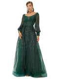 Dark Green Sequin Long Sleeve Formal Prom Dress