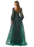 Dark Green Sequin Long Sleeve Formal Prom Dress