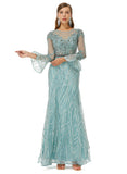 Luxury Mint Long Sleeve Sheath Column Beading Prom Dress