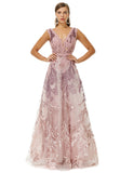 Purple Tulle Appliques Beading V Neck Prom Formal Dress