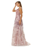 Purple Tulle Appliques Beading V Neck Prom Formal Dress