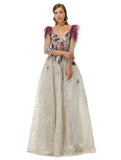 Champagne Feather V Neck Prom Dress