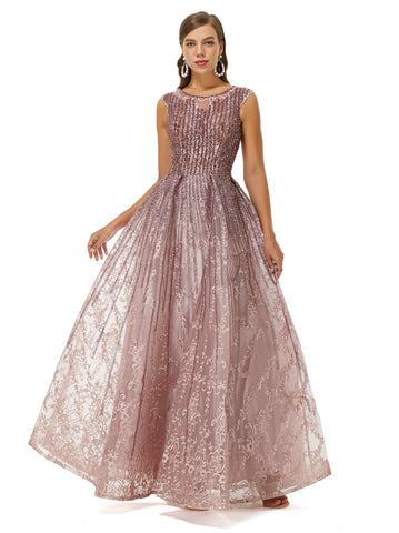 Pink Scoop A Line Sequin Tulle Prom Dress