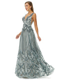 Silver V Neck Beading Tulle Prom Dress
