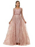 Pink Long Sleeve Scoop Beading Prom Formal Dress