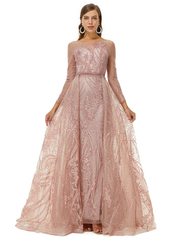 Pink Long Sleeve Scoop Beading Prom Formal Dress