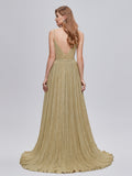 Gold V Neck Pleats A Line Backless Prom Dress