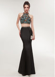 Black Satin Halter Neckline Two-piece Mermaid Prom Dress 