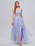 Lavender V Neck Tulle Appliques Prom Dress With Slit