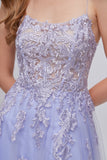 Lavender V Neck Tulle Appliques Prom Dress With Slit