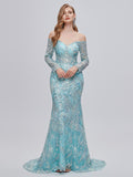 Mint Sparkle Tulle Long Sleeve Trumpet Mermaid Prom Dress