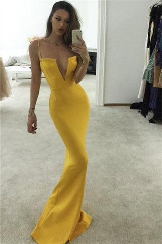 V-Neck Satin Yellow Spaghetti Straps Mermaid Prom Dress