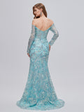 Mint Sparkle Tulle Long Sleeve Trumpet Mermaid Prom Dress
