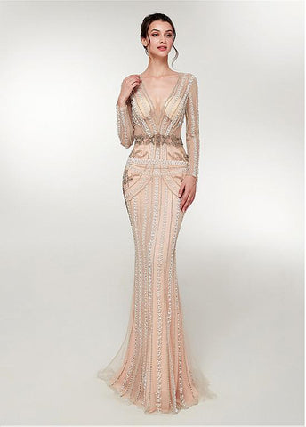 Gold Beading V Neck Long Sleeve Mermaid Prom Dress