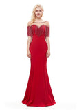 Satin Bateau Short Sleeve Red Beading Mermaid Evening Dress