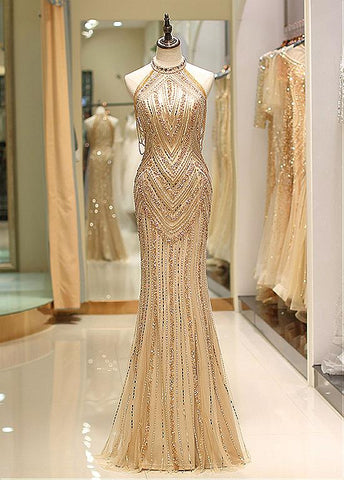 Tulle Jewel Beading Gold Mermaid Evening Dress