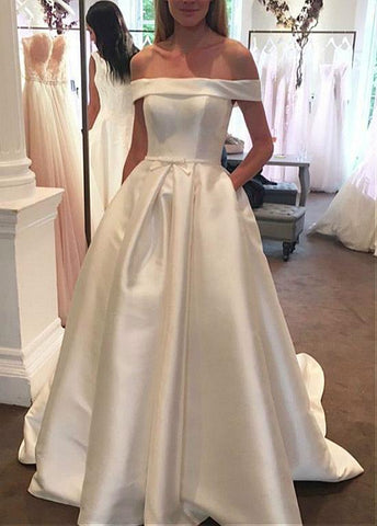 Satin Off-the-shoulder A-line Wedding Dresses With Pockets