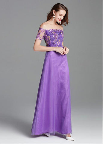 Purple Embroidery Lace & Tulle Off-the-shoulder Prom Dress – Sassymyprom
