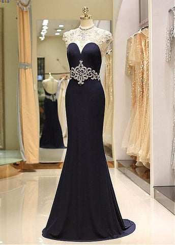 Spandex High Collar Black Sheer Back Mermaid Prom Dress
