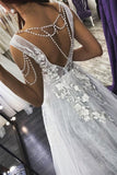 Gray Tulle V Neck Peals Sexy Appliques Backless Prom Dress