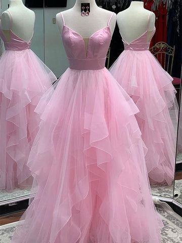 Sexy Long Backless Princess V Neck Pink Prom Dress