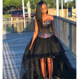 Sweetheart Hi Lo Crystal Black Beading Tulle Ball Gown Prom Dress
