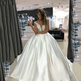 Ball Gown Satin Lace Appliques White Wedding Dress With Pocket