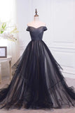 Tulle Pleats Black Off The Shoulder Long Prom Dress