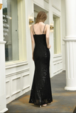 Sequin Long Spaghetti Straps Mermaid Black Prom Dress With Slit