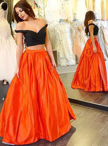 Orange Off-the-shoulder Satin Long Two-piece Prom Dress