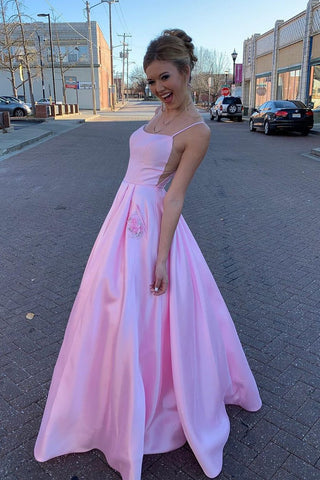Pink Long Straps A-Line Satin Prom Dress with Beaded Pockets