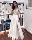 A-line V-neck Tulle Floor Length Long Sleeve Beads Appliques Wedding Dress