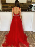 Spaghetti Straps Beading A-line Red Tulle Appliques Prom Dress