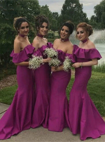 Off the Shoulder Ruffles Purple Mermaid Satin Bridesmaids Dress
