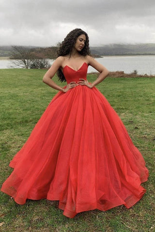 Ball Gown Red Sweetheart Tulle Long Prom Dress