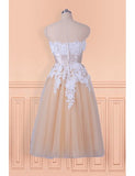 Lace Appliques Champagne Strapless Tea Length Wedding Dress