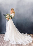 Scoop Sweep Train Lace Long Sleeve Appliques A-line Ruffles Wedding Dress