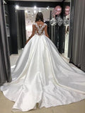 Ball Gown Satin Lace Appliques White Wedding Dress With Pocket