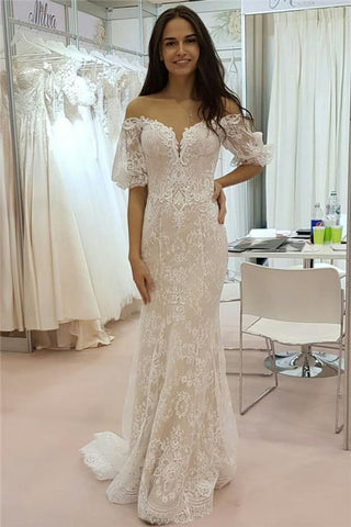 Sweetheart Short Sleeve Tulle Lace Strapless Cheap Wedding Dress