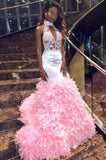 Appliques Ruffles Mermaid Pink High Neck Keyhole Prom Dresses