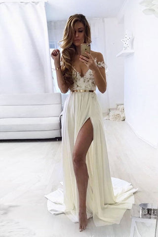 Lace Chiffon Long White Sweetheart Off The Shoulder Prom Dress With Belt