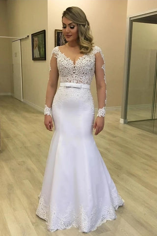 Illusion Long Sleeves Lace Mermaid Fit & Flare Satin Wedding Dress